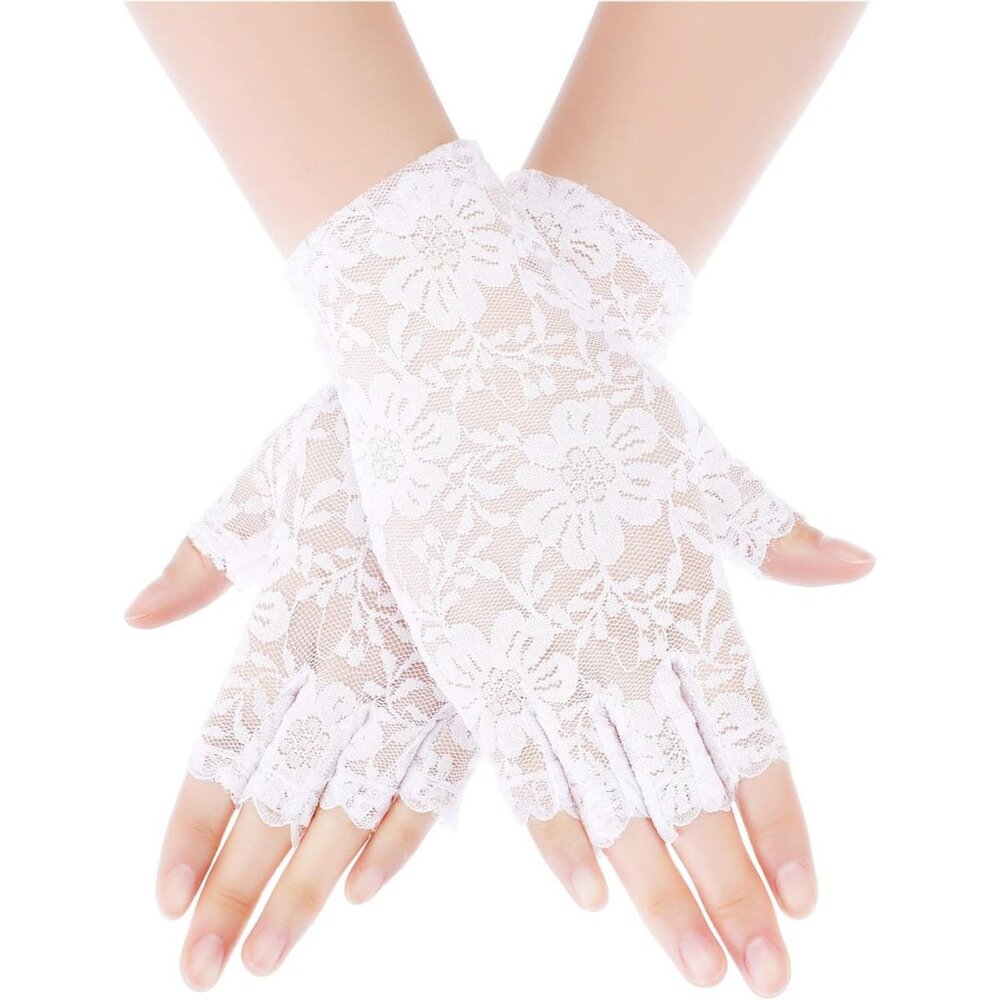 Women's White Floral Short Lace Gloves Sunblock Fingerless Bridal Opera Party